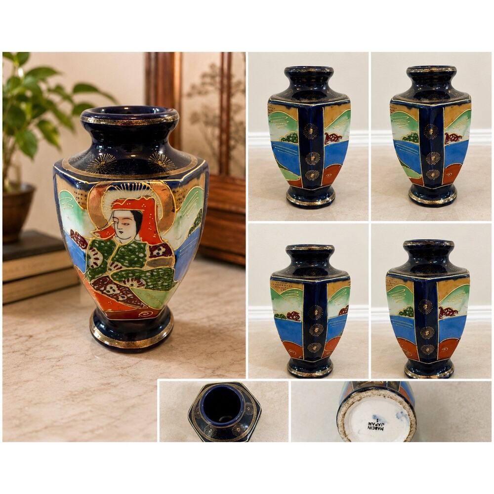Vintage Japanese Cobalt Blue Moriage Vase Geisha Figural Made In Japan 9”